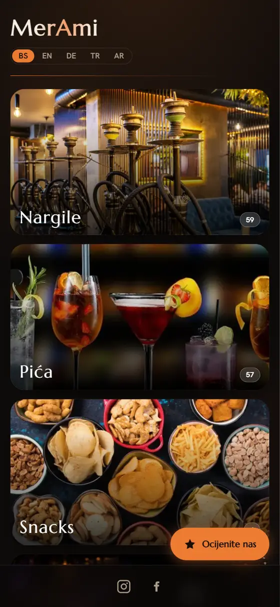 Meni lokala MerAmi Caffe & Lounge otvoren na telefonu: kategorije Nargile, Pića i Snacks, sa prebacivanjem jezika na engleski, njemački, turski i arapski